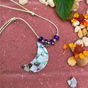 Abalone Moon Pendant Handmade leather Necklace